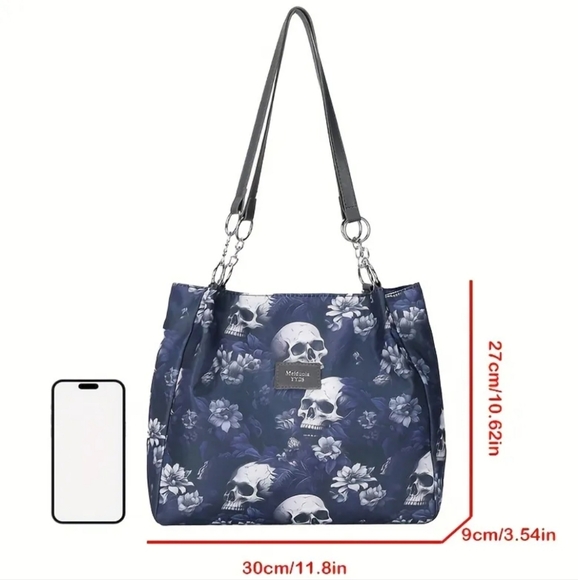 Gothic Skull Blue Floral Print‎ Hobo Bag Shoulder Bag Womens Punk Style Purse - Picture 2 of 8